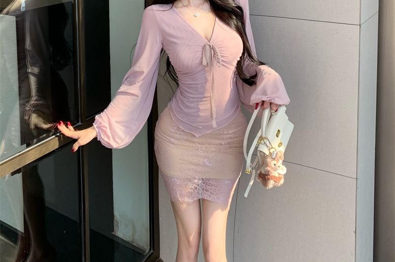Long Sleeve V-Neck Plain Blouse with Lace Mini Pencil Skirt