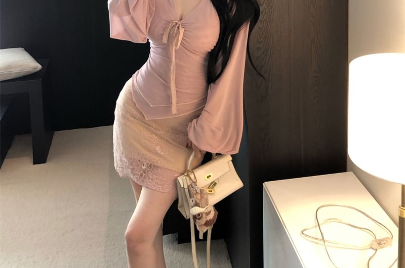 Long Sleeve V-Neck Plain Blouse with Lace Mini Pencil Skirt