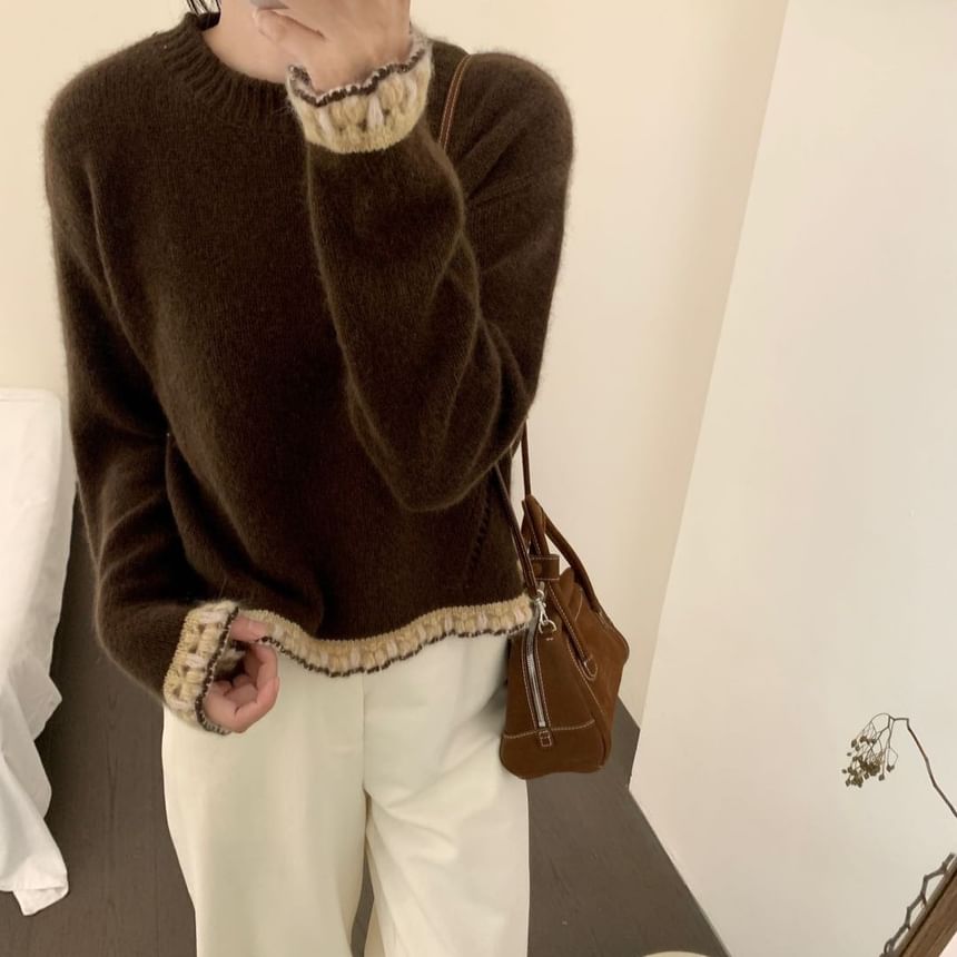 Crew Neck Sweater with Lace Trim