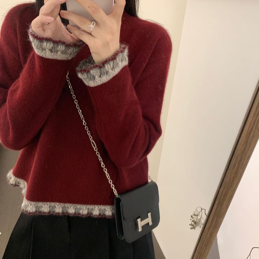 Crew Neck Sweater with Lace Trim
