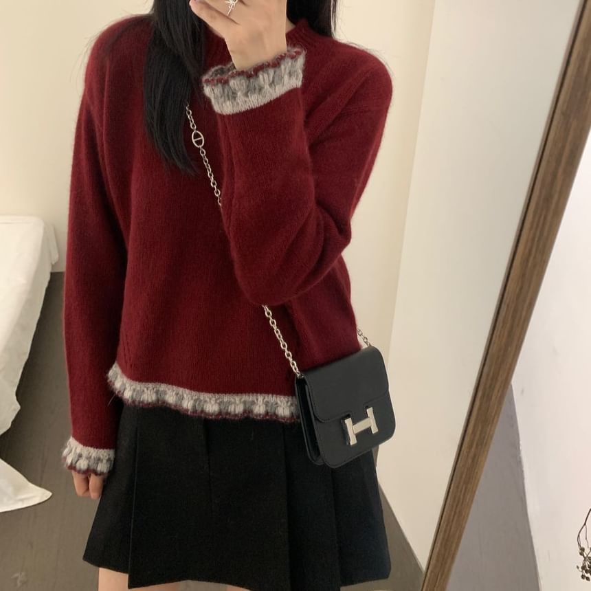 Crew Neck Sweater with Lace Trim