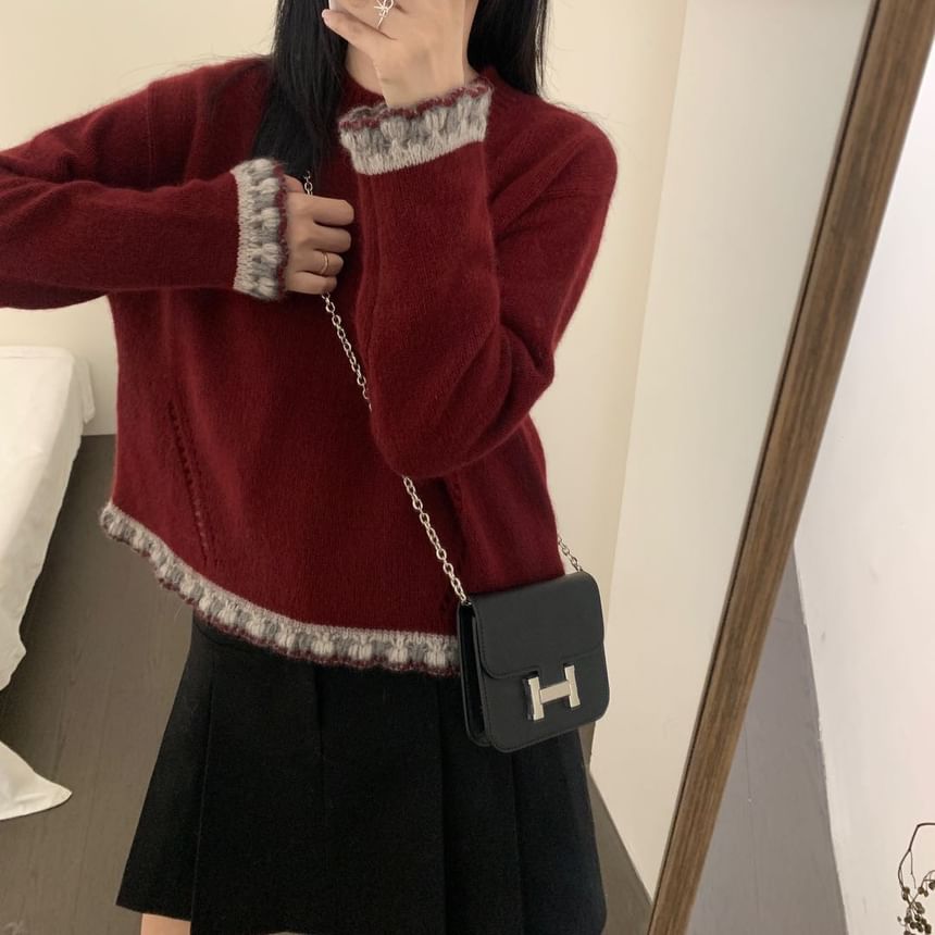 Crew Neck Sweater with Lace Trim