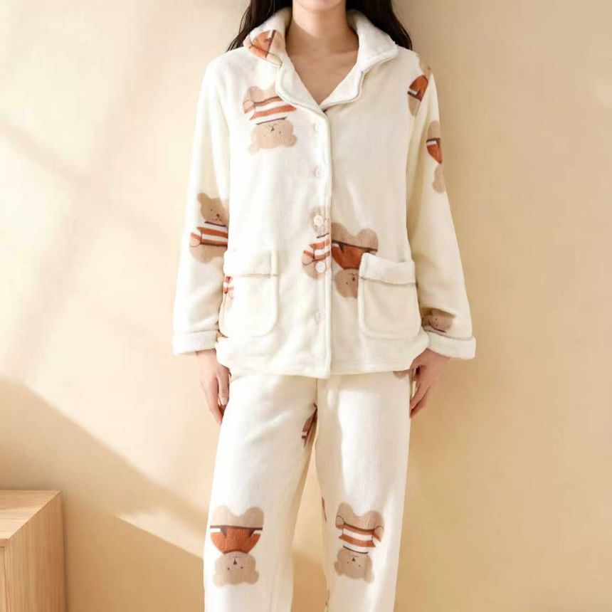 Couple Matching Pajama Set: Long Sleeve Collared Bear Patterned Button Coral Fleece Top + Elastic Waist Straight Leg Pants (Various Designs)