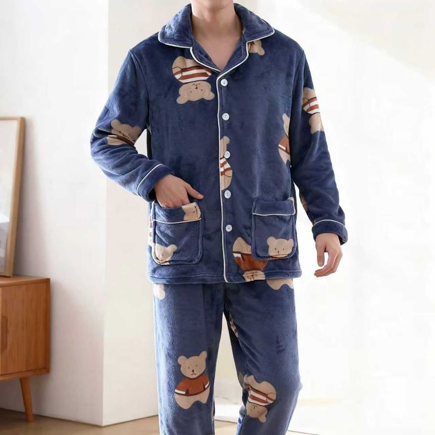 Couple Matching Pajama Set: Long Sleeve Collared Bear Patterned Button Coral Fleece Top + Elastic Waist Straight Leg Pants (Various Designs)