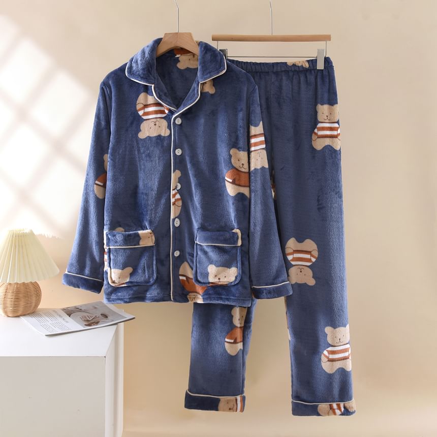 Couple Matching Pajama Set: Long Sleeve Collared Bear Patterned Button Coral Fleece Top + Elastic Waist Straight Leg Pants (Various Designs)