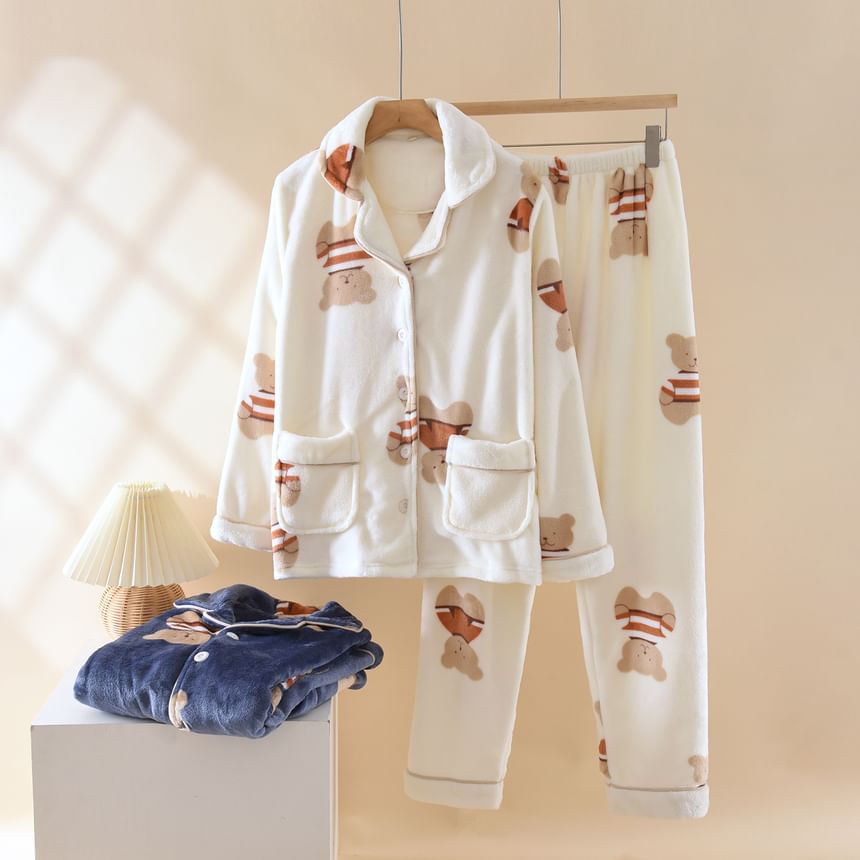 Couple Matching Pajama Set: Long Sleeve Collared Bear Patterned Button Coral Fleece Top + Elastic Waist Straight Leg Pants (Various Designs)