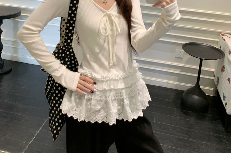V-Neck Long-Sleeve Flowy Top with Lace Detail