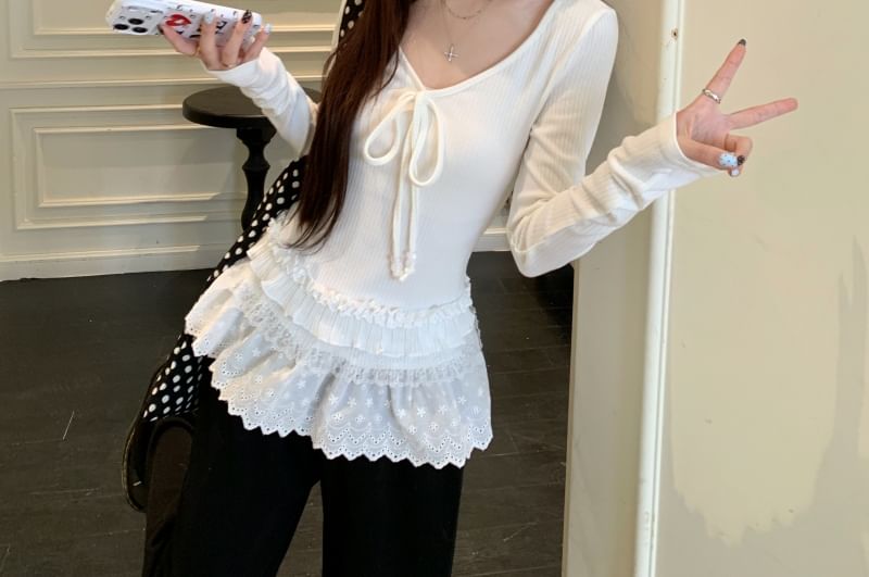 V-Neck Long-Sleeve Flowy Top with Lace Detail