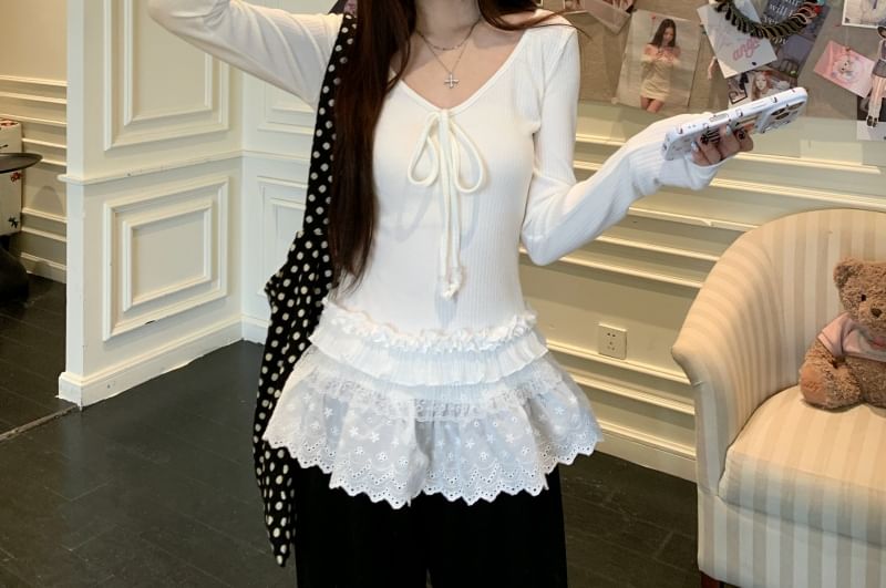 V-Neck Long-Sleeve Flowy Top with Lace Detail