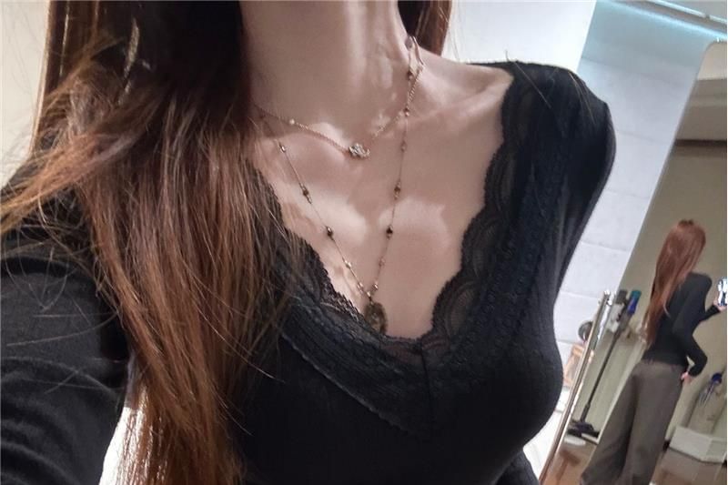 Long-Sleeve V-Neck Knit Top with Lace Trim
