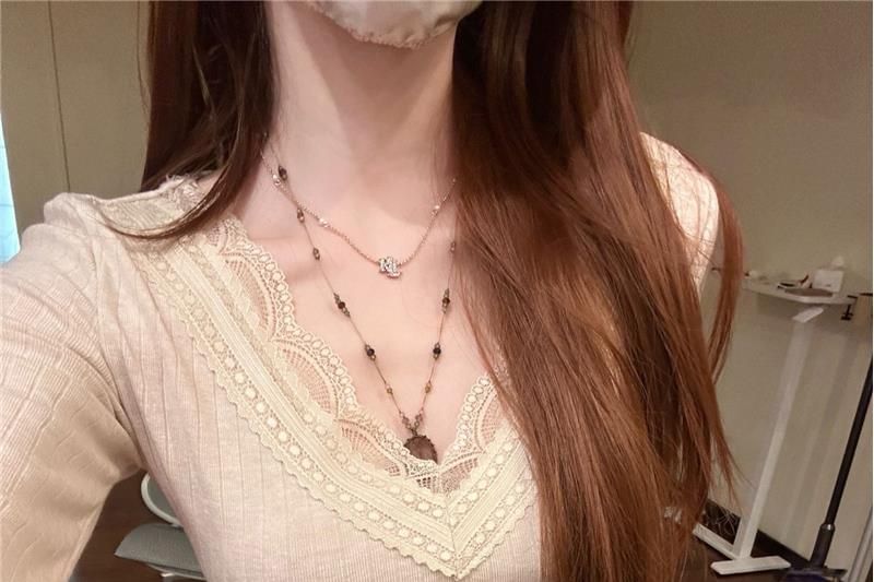 Long-Sleeve V-Neck Knit Top with Lace Trim