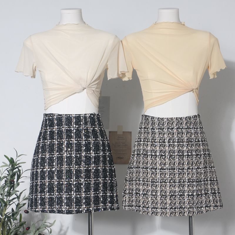 Tweed Mini A-Line Skirt, High Waist