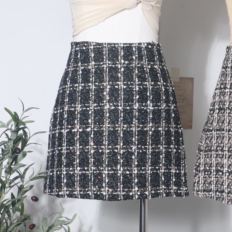 Tweed Mini A-Line Skirt, High Waist