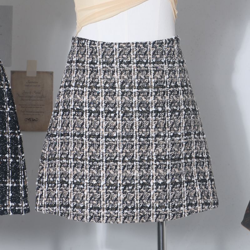 Tweed Mini A-Line Skirt, High Waist