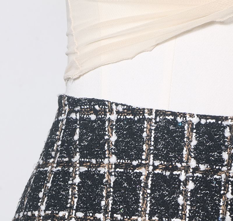 Tweed Mini A-Line Skirt, High Waist
