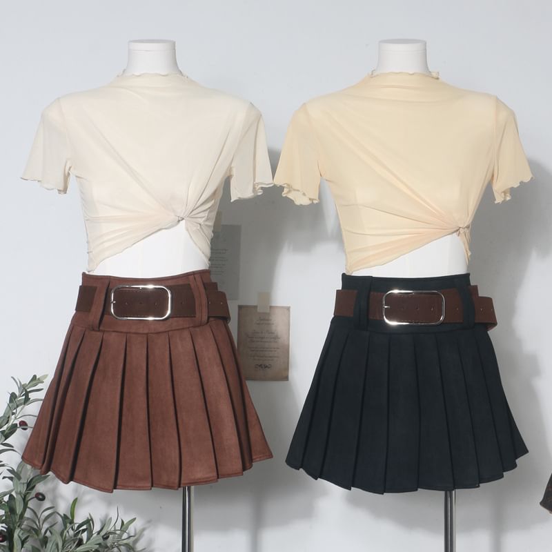 Pleated Mini A-Line Skirt with Faux Suede Belt