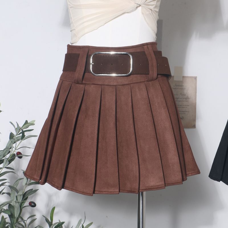 Pleated Mini A-Line Skirt with Faux Suede Belt