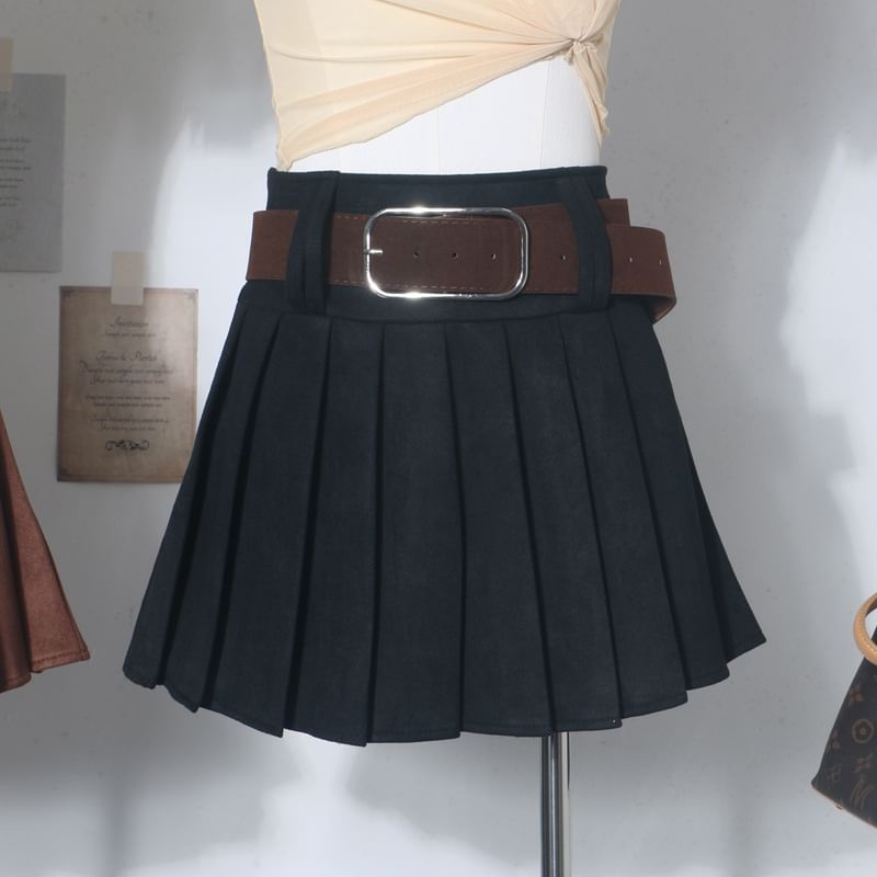 Pleated Mini A-Line Skirt with Faux Suede Belt