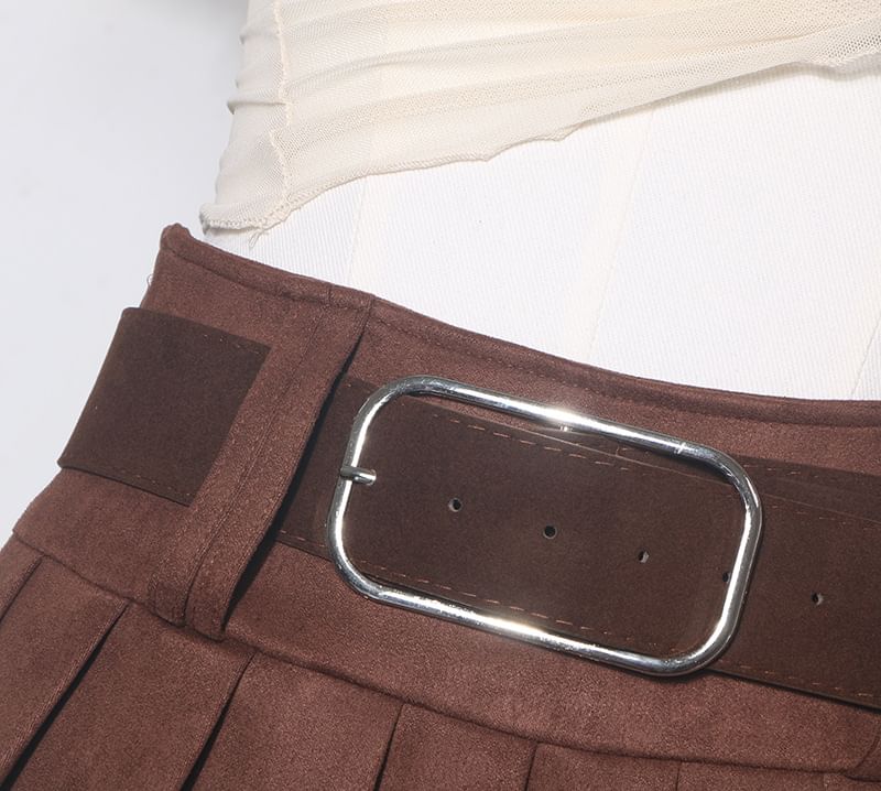Pleated Mini A-Line Skirt with Faux Suede Belt