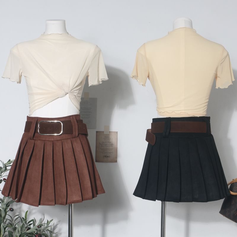 Pleated Mini A-Line Skirt with Faux Suede Belt