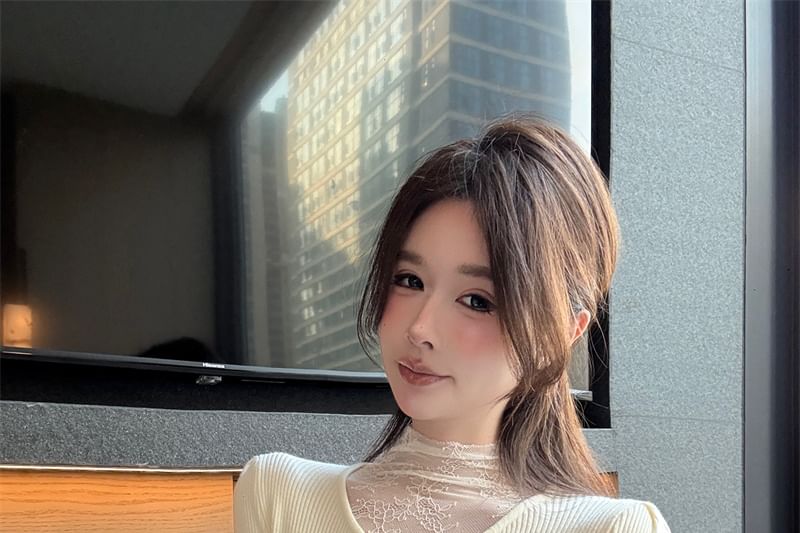 Mock Neck Lace Accent Long-Sleeve Knit Top