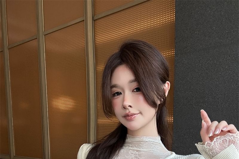 Mock Neck Lace Accent Long-Sleeve Knit Top