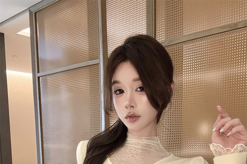 Mock Neck Lace Accent Long-Sleeve Knit Top
