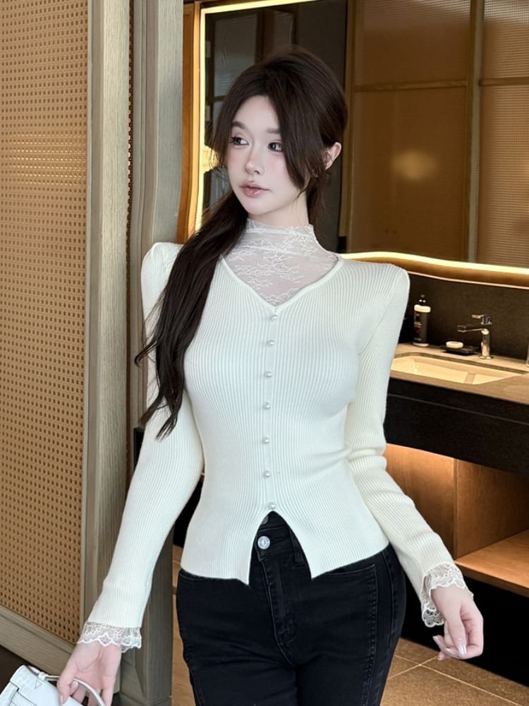 Mock Neck Lace Accent Long-Sleeve Knit Top