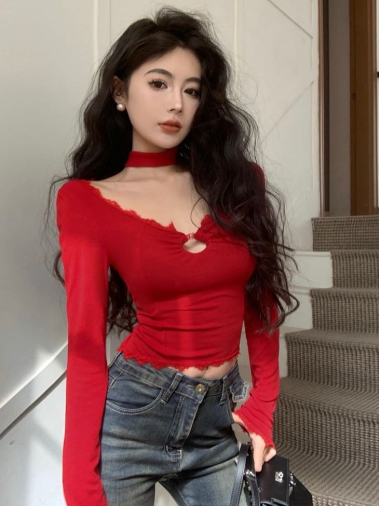 V-Neck Lace Trim Long-Sleeve Tee