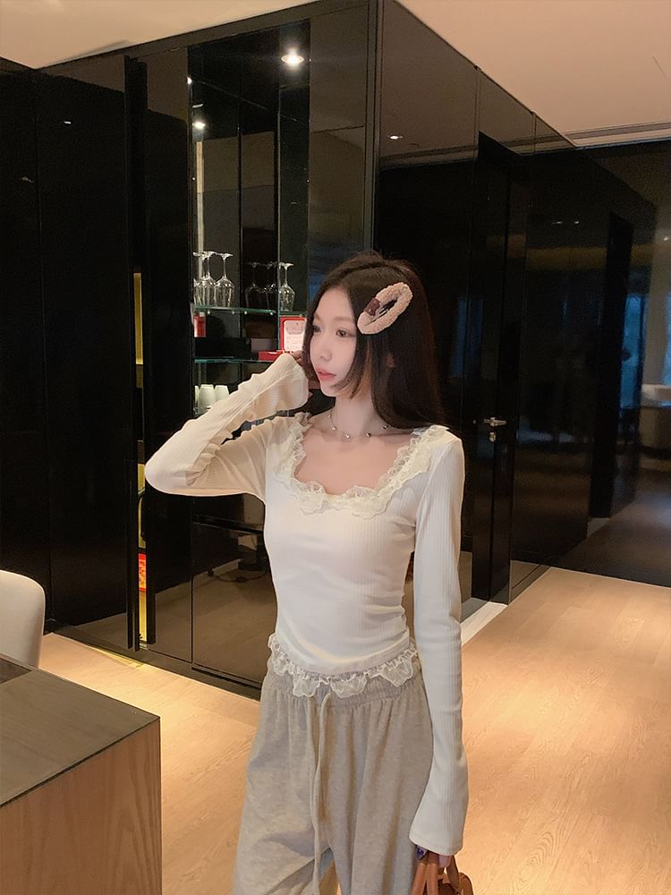 Square Neck Long Sleeve Top with Ribbed Lace Panel