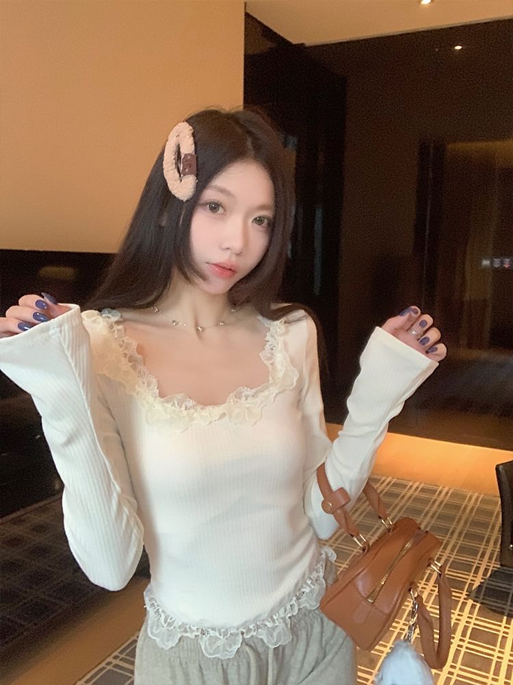 Square Neck Long Sleeve Top with Ribbed Lace Panel