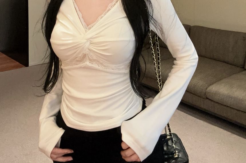 Long Sleeve V-Neck Top with Twisted Lace Panel Detail