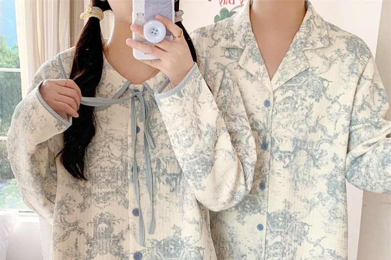 Couple Matching Pajama Set: Long-Sleeve Floral Pajama Shirt + Pants