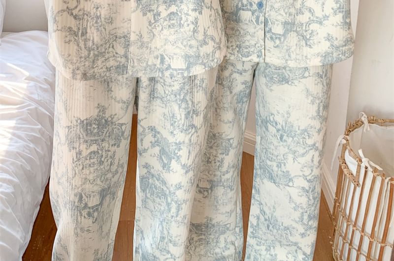 Couple Matching Pajama Set: Long-Sleeve Floral Pajama Shirt + Pants