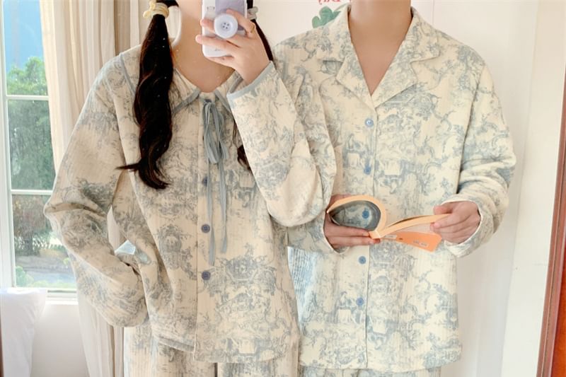 Couple Matching Pajama Set: Long-Sleeve Floral Pajama Shirt + Pants