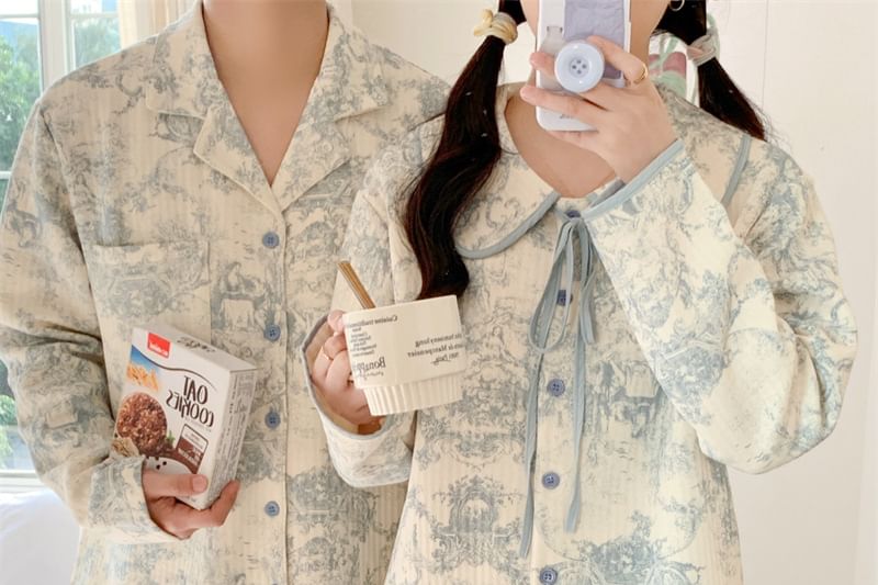 Couple Matching Pajama Set: Long-Sleeve Floral Pajama Shirt + Pants