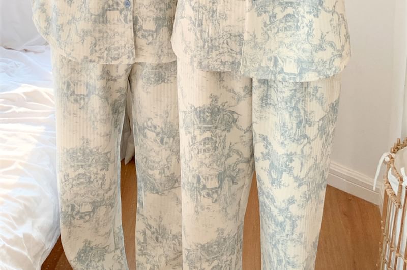 Couple Matching Pajama Set: Long-Sleeve Floral Pajama Shirt + Pants