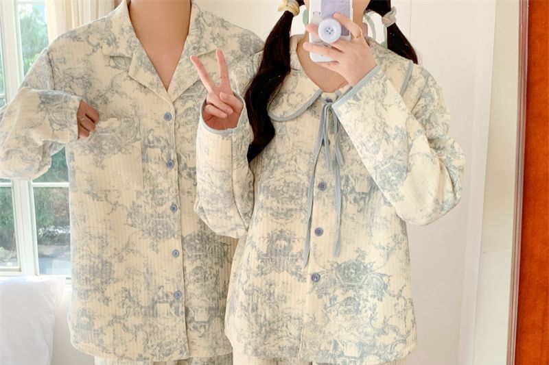 Couple Matching Pajama Set: Long-Sleeve Floral Pajama Shirt + Pants
