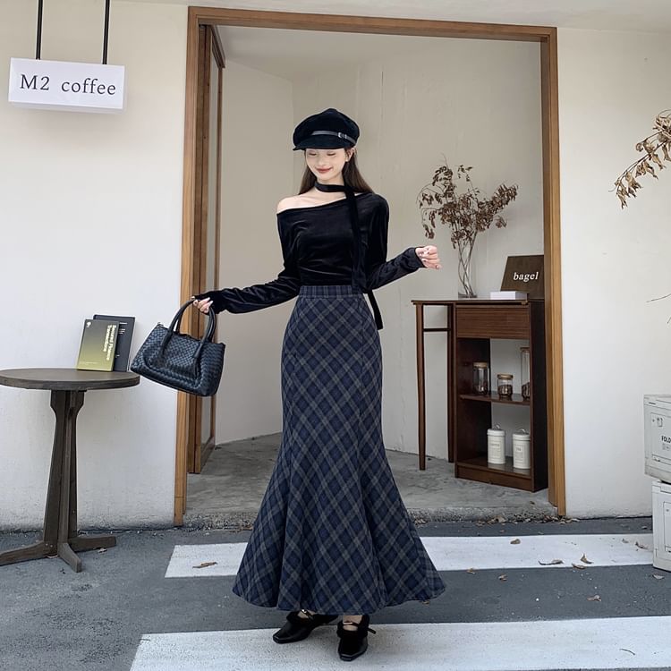Plaid Mermaid Maxi Skirt, High Rise