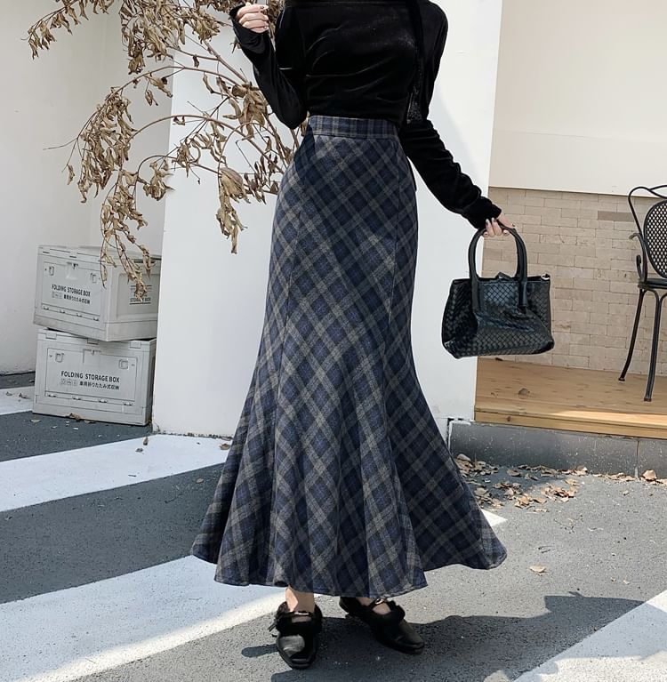Plaid Mermaid Maxi Skirt, High Rise