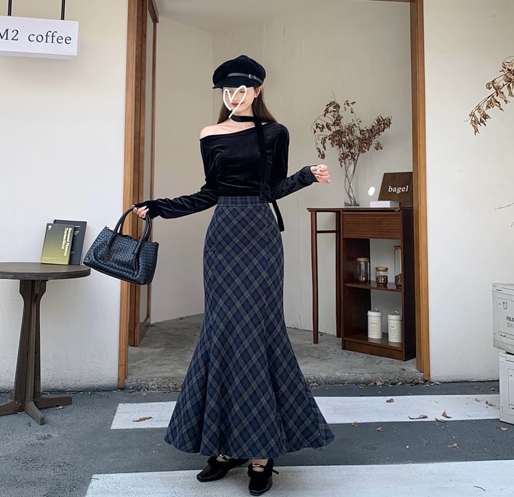 Plaid Mermaid Maxi Skirt, High Rise