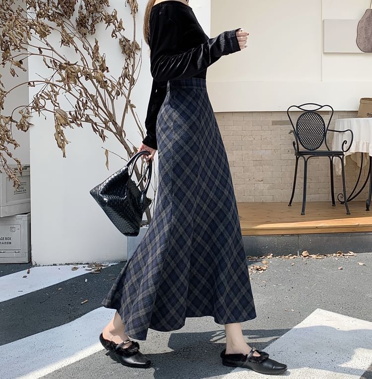 Plaid Mermaid Maxi Skirt, High Rise