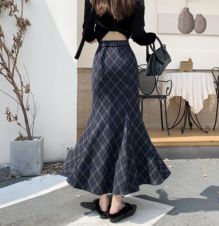 Plaid Mermaid Maxi Skirt, High Rise