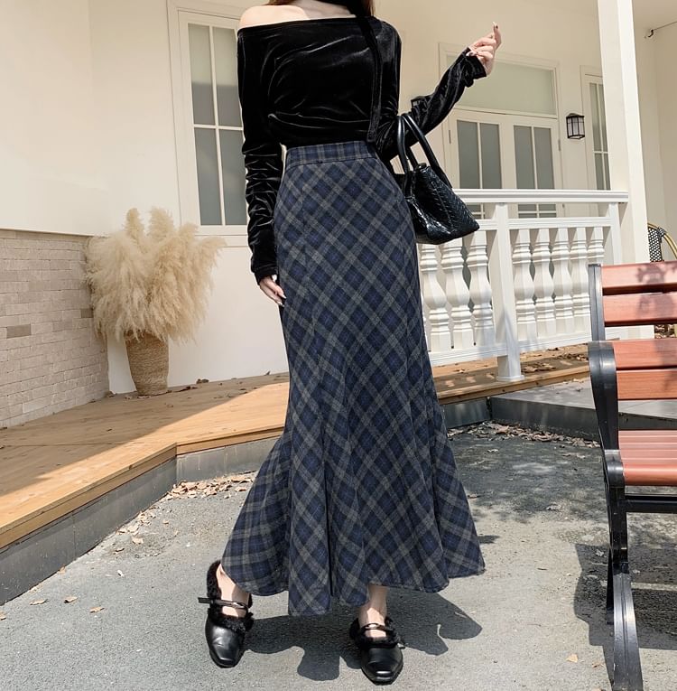Plaid Mermaid Maxi Skirt, High Rise