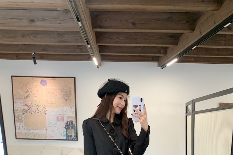 Collar Plain Button Jacket / High Waist Maxi A-Line Skirt