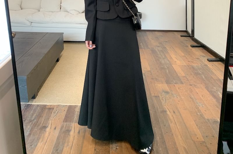 Collar Plain Button Jacket / High Waist Maxi A-Line Skirt