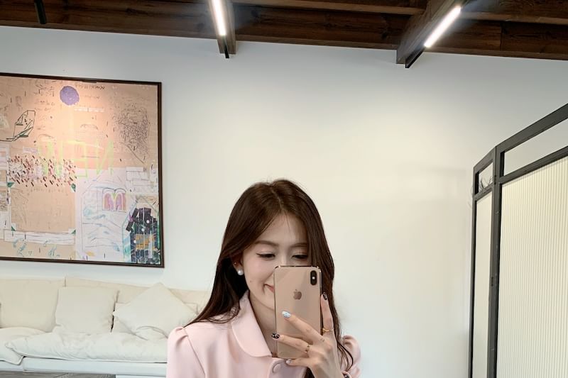 Collar Plain Button Jacket / High Waist Maxi A-Line Skirt