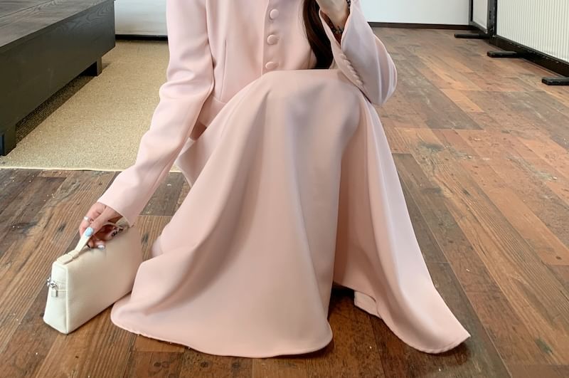 Collar Plain Button Jacket / High Waist Maxi A-Line Skirt
