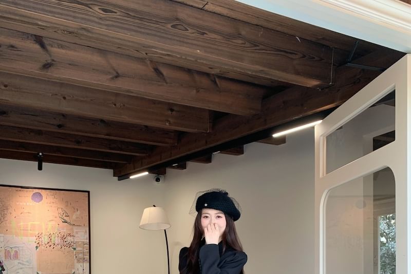 Collar Plain Button Jacket / High Waist Maxi A-Line Skirt