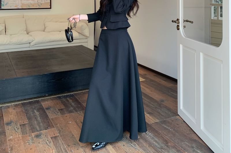 Collar Plain Button Jacket / High Waist Maxi A-Line Skirt